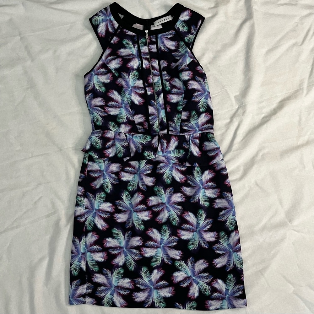 Sandro Peplum Style Dress / Size 0 / Multicolor Palm Trees / Sleeveless
